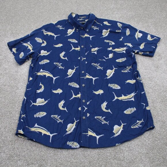 Eddie Bauer Shirt Mens TXL XL-Tall Blue Fish Print Classic Fit S/S Button Down - Picture 2 of 12